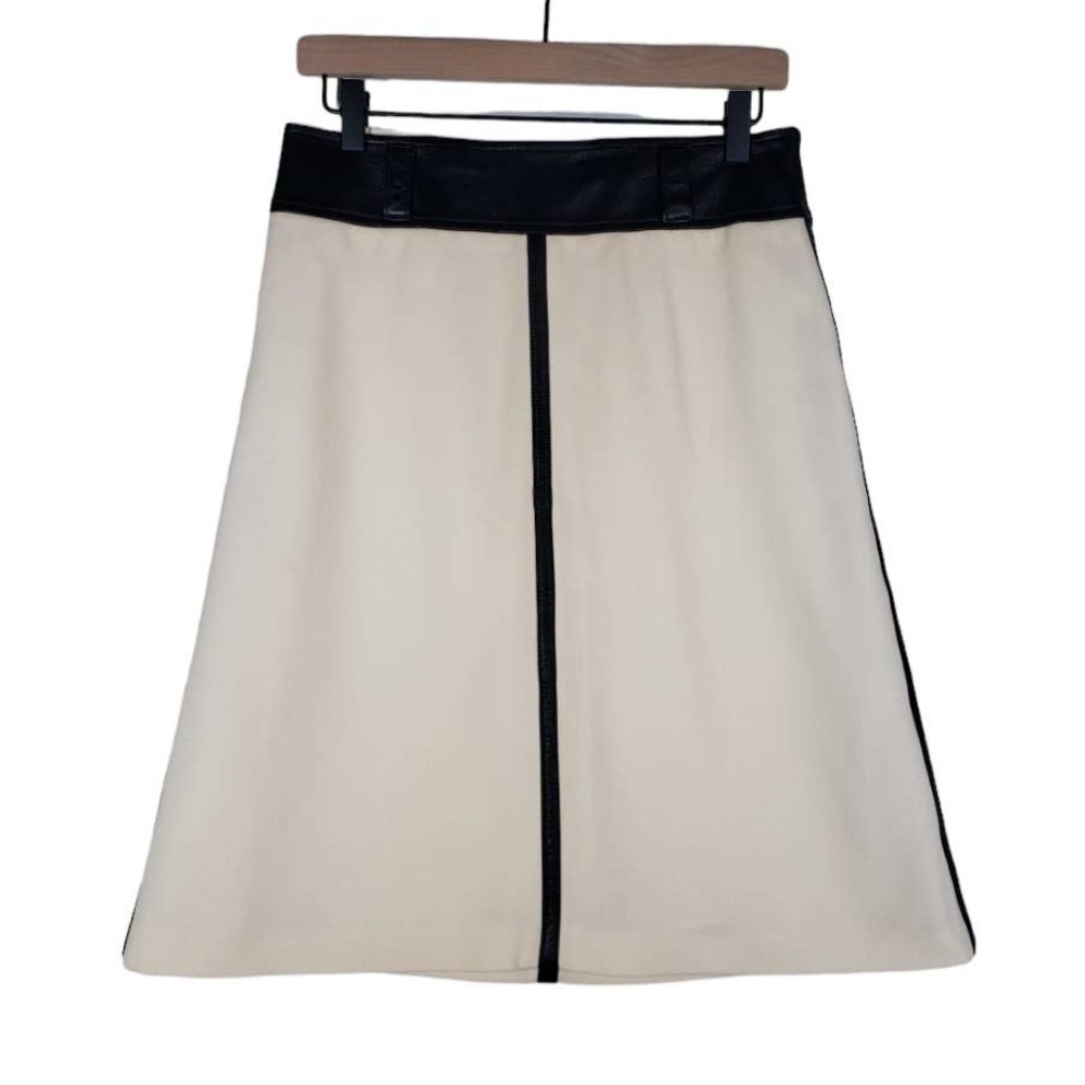 Dolce & Gabbana Wool Skirt Leather Trim A-Line Knee Length Ivory Black S